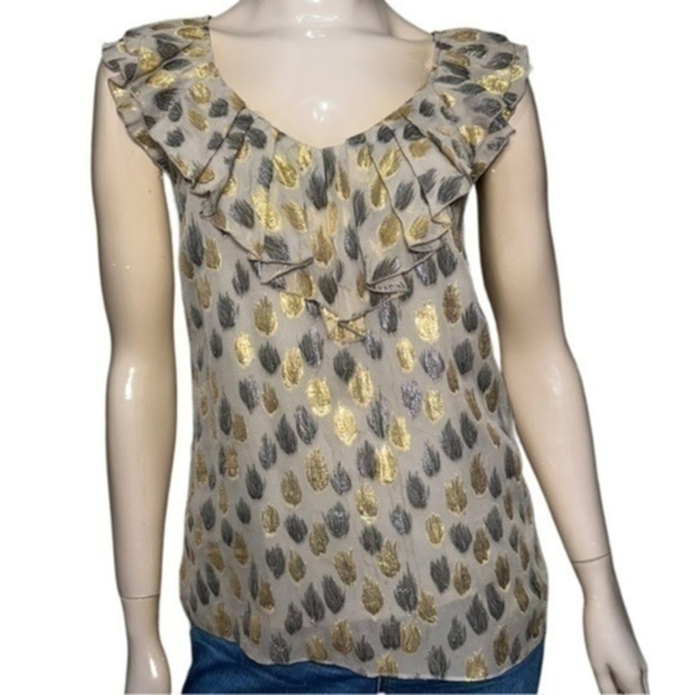 Leifsdotter Women’s Size 6 Gray Metallic Gold Gray Brushed Ruffle Neck Tank Top